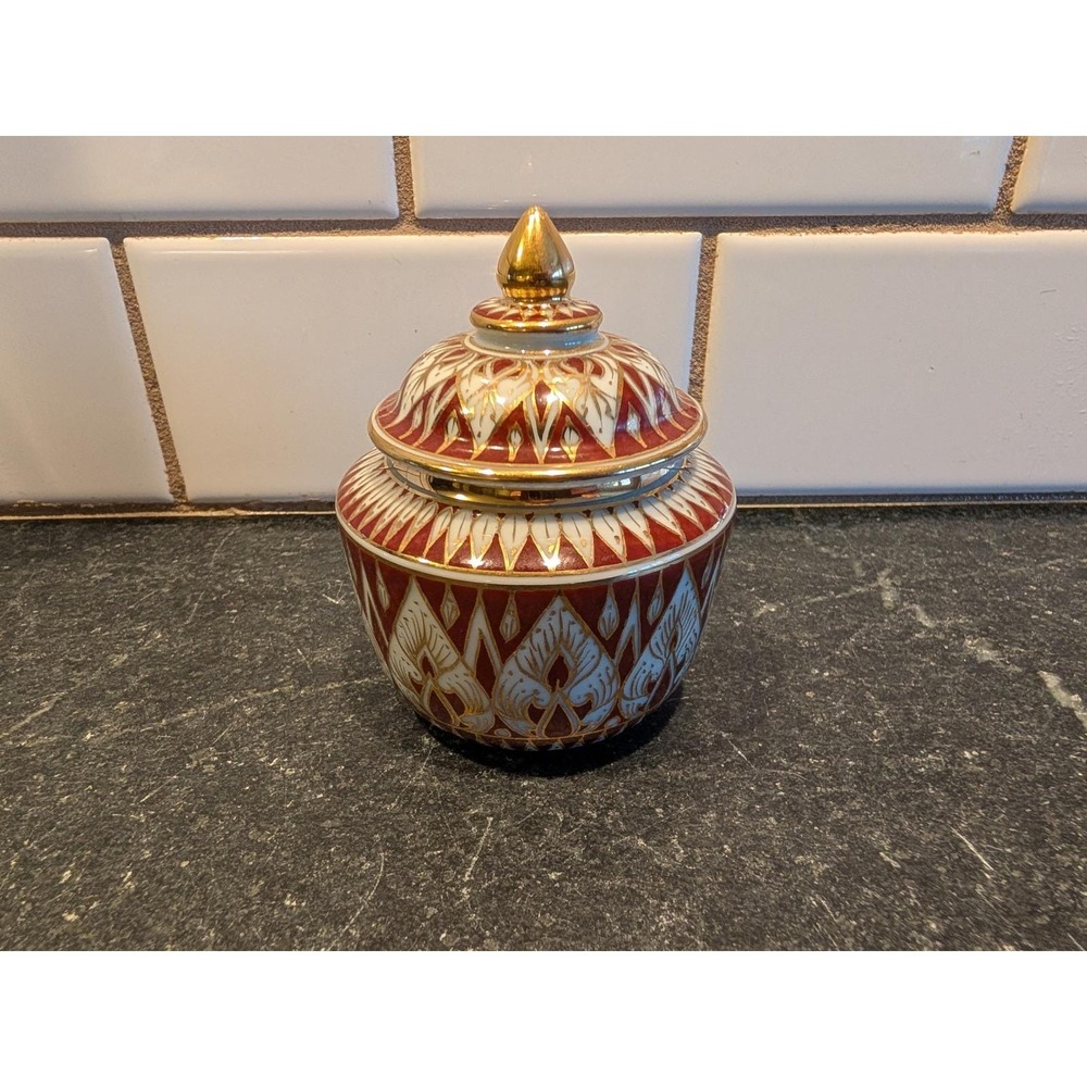 Thai Benjarong Porcelain Jar With Lid Ornate Gold Red White Floral Enamel